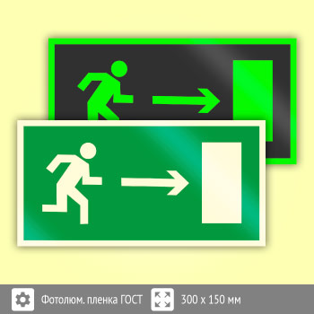 Знак E03 «Направление к эвакуационному выходу направо» (фотолюминесцентная пленка ГОСТ 34428-2018, 300х150 мм)